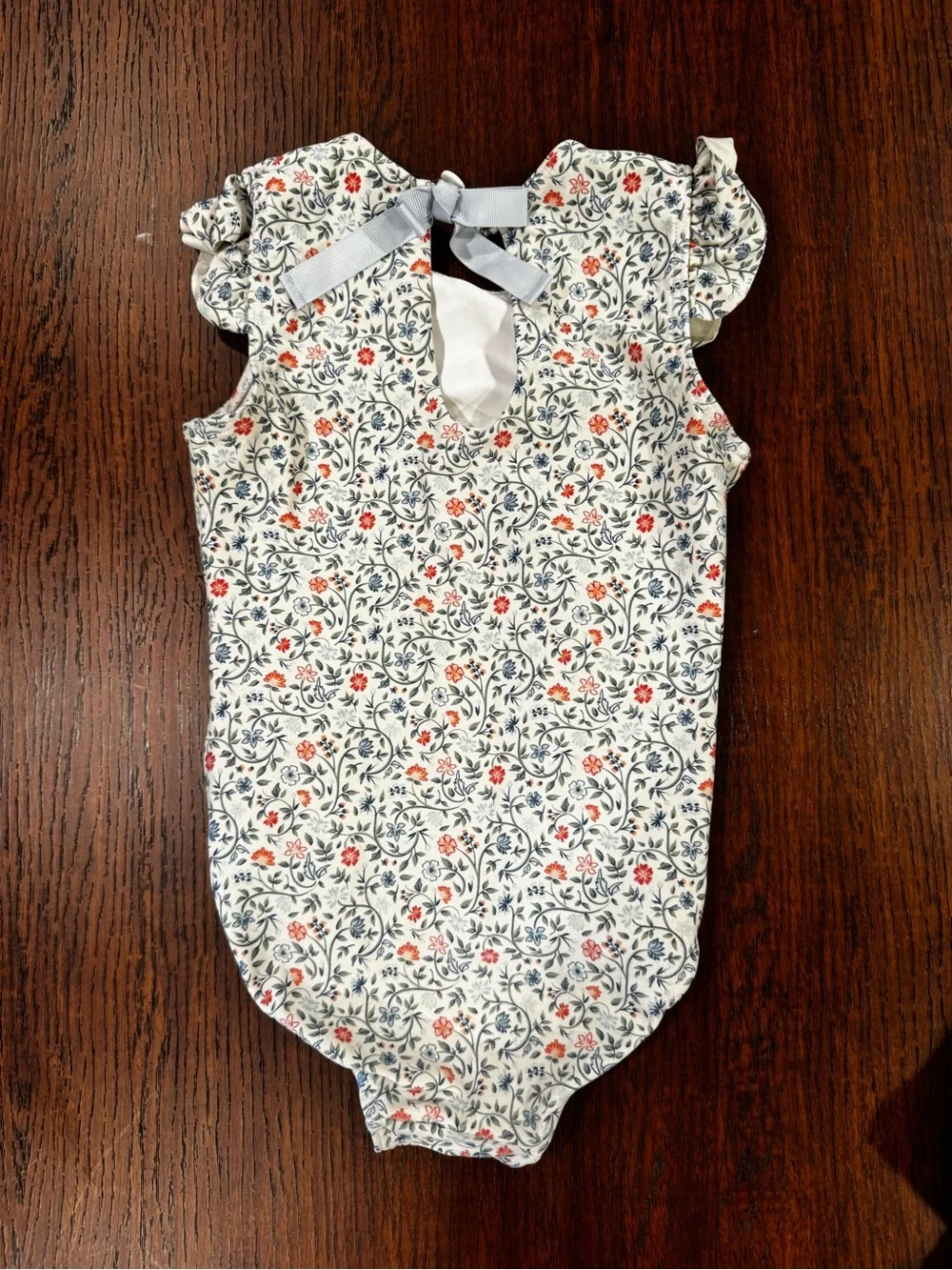 Girls' Floral Ruffle-Sleeve One-Piece Bodysuit - Minnow Cream with Blue & Coral